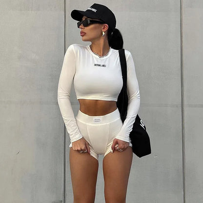 Round Neck Long sleeved Shirt and  Shorts Two piece Set
