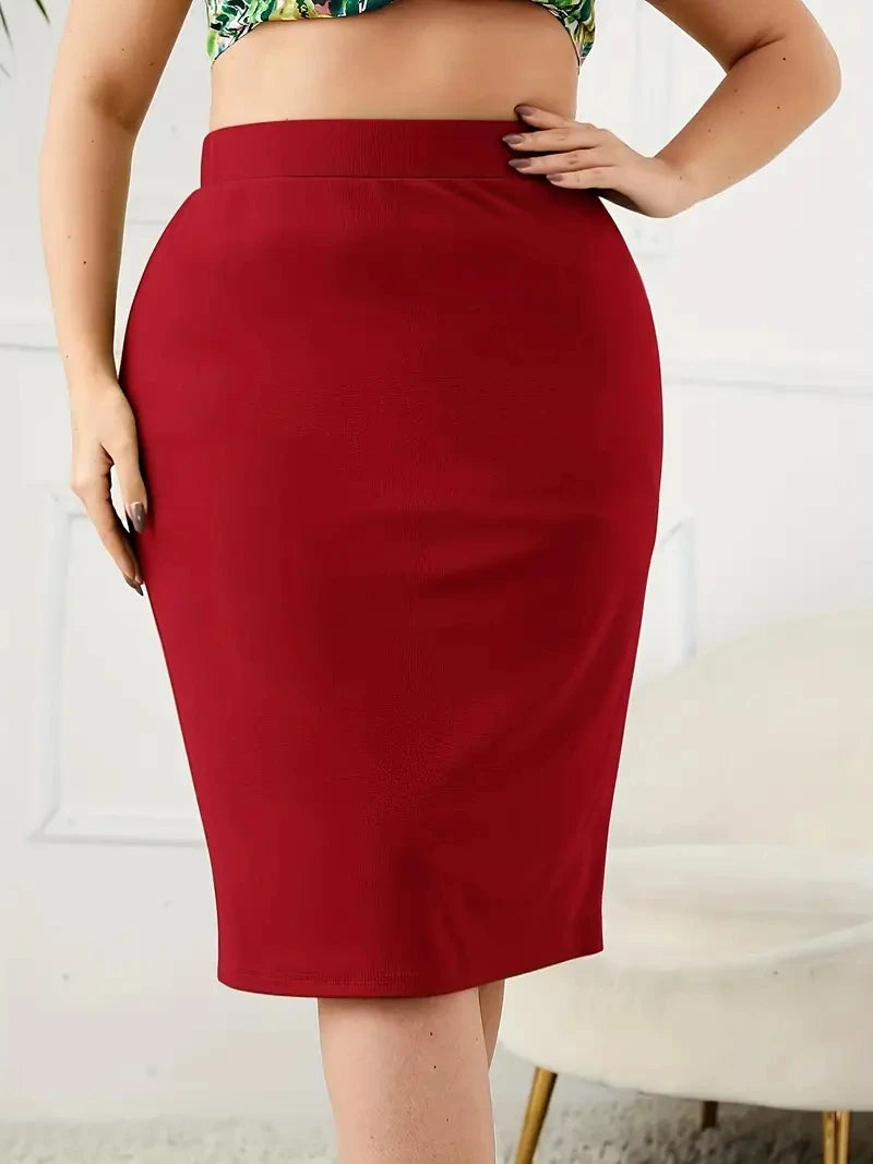 2026 Summer Plus Size Solid Slim Skirt, Casual High Waist Slit Skirt, Women's Plus SizeClothing