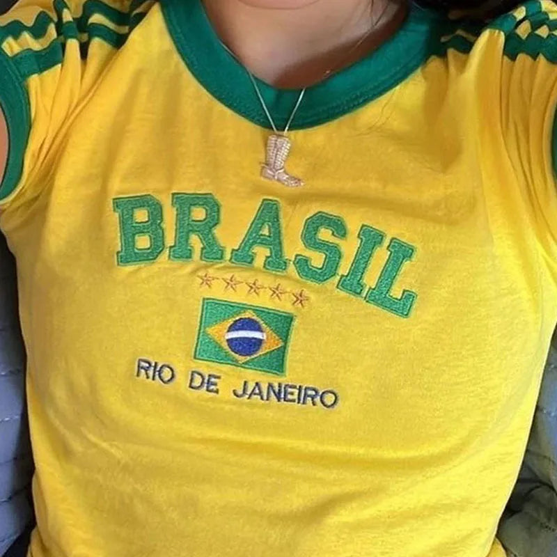 BRASIL Letter Print T-Shirt and Shorts Suit, Vintage Grunge  Short Sleeve Baby Tees,