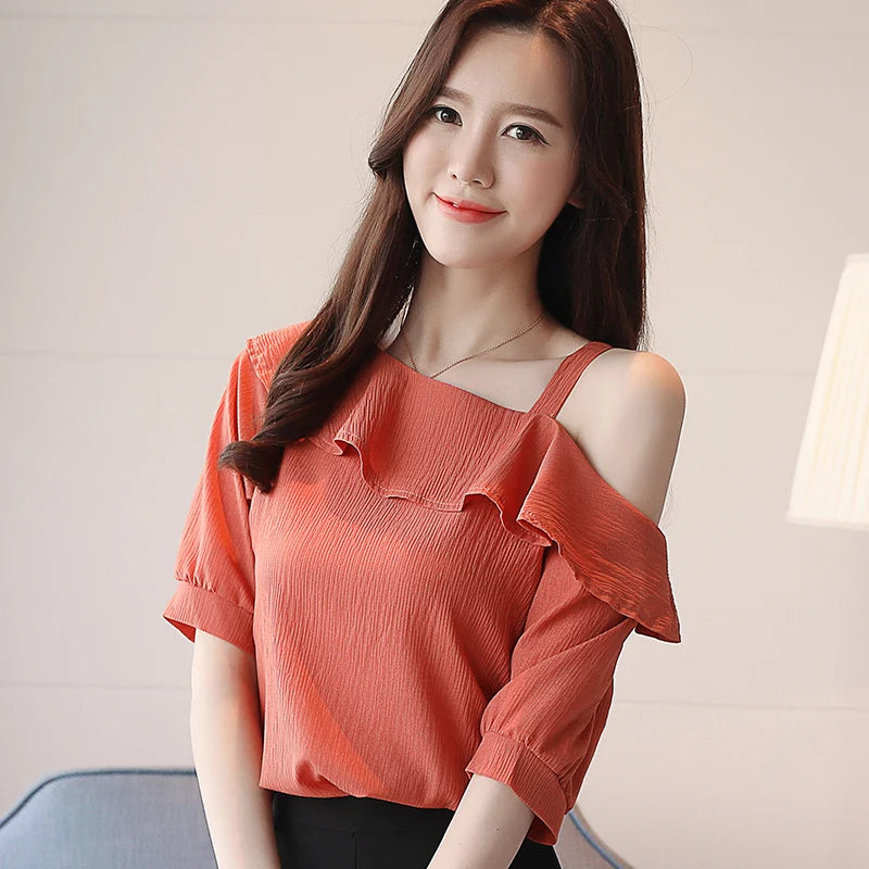 One-Shoulder Ruffles Short-sleeved Chiffon Blouse