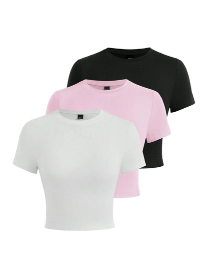 Y2K Woman Solid Cotton Crop Tops Short Sleeve High Elastic T-Shirt Soft O-Neck Sporty Tees Summer Street Fashion Female Clothes