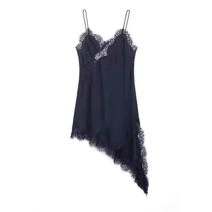 Women Lace Satin Dress Asymmetrical Lace Hem Spaghetti Strap V Neck Dresses For Woman Vacation Daily Evening Dress Vestidos