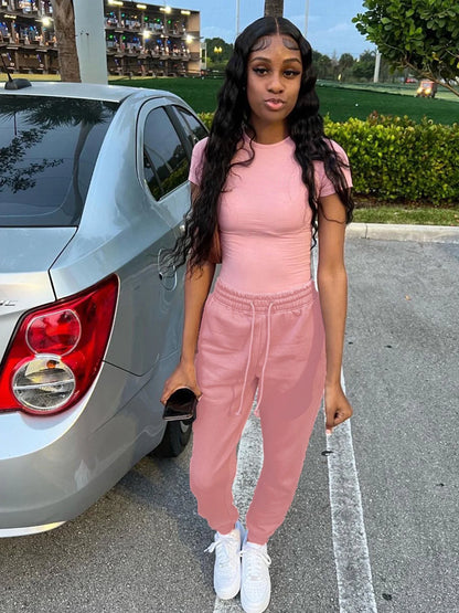 Two Piece Versatile Solid Color Sports And Leisure Set, Women's Cotton Slim Fit T-shirt Paired With Loose Jogging Pants
