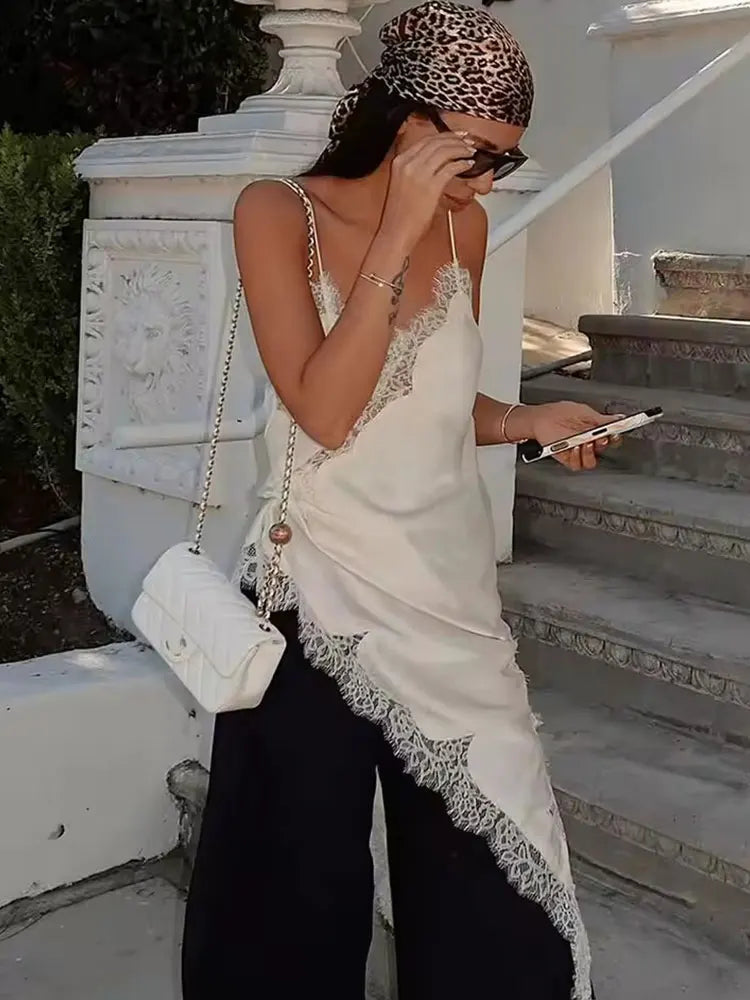 Women Lace Satin Dress Asymmetrical Lace Hem Spaghetti Strap V Neck Dresses For Woman Vacation Daily Evening Dress Vestidos