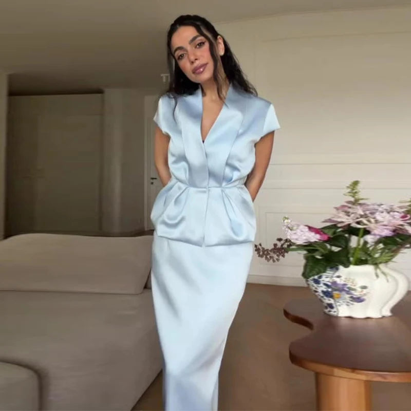 Urban Solid Blazer Skirt Women Set Elegant Pleated Sleeveless V-neck Top Split Hip Package Skirts 2026 Summer Lady Outfit New