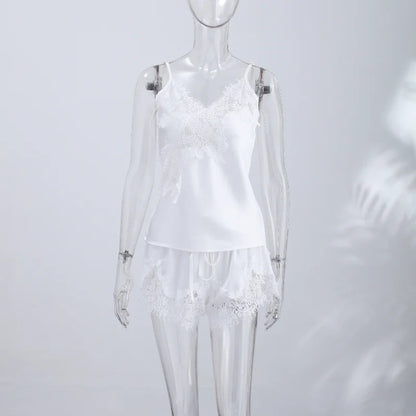 Women Short Set Satin Lace Spaghetti Strap V-Neck Top Drawstring Waist Lace Trim Shorts Elegant Casual Solid Two Piece Set Lady