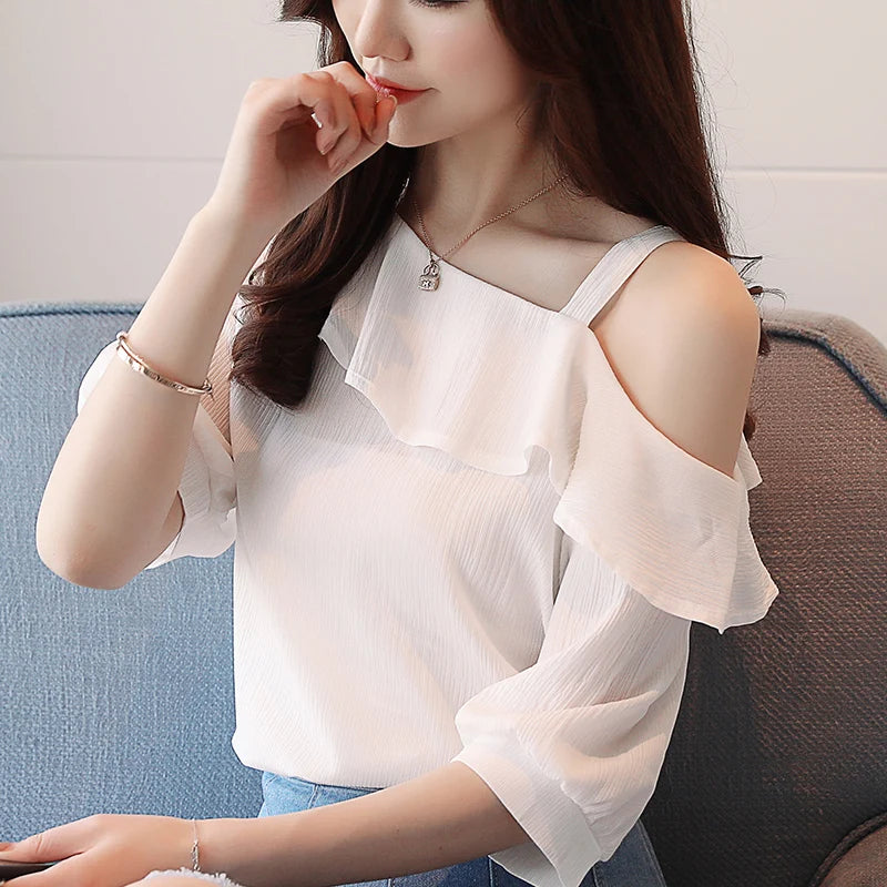 One-Shoulder Ruffles Short-sleeved Chiffon Blouse