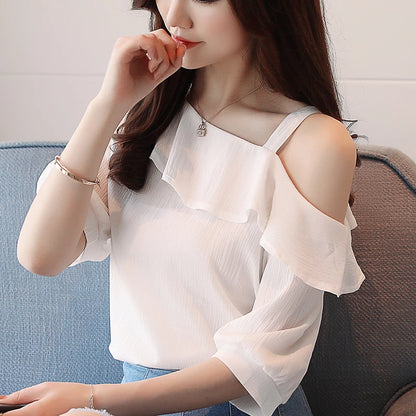One-Shoulder Ruffles Short-sleeved Chiffon Blouse