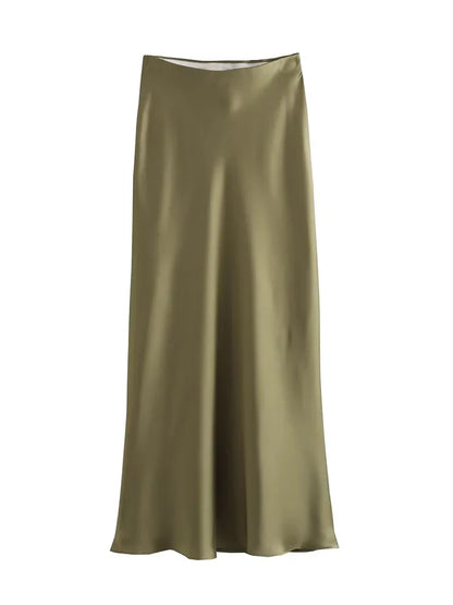 Willshela 2024 Black Satin Skirt Woman High Waist Elegant Long Skirts For Women Fashion Summer Midi Skirt Office Women's Skirts