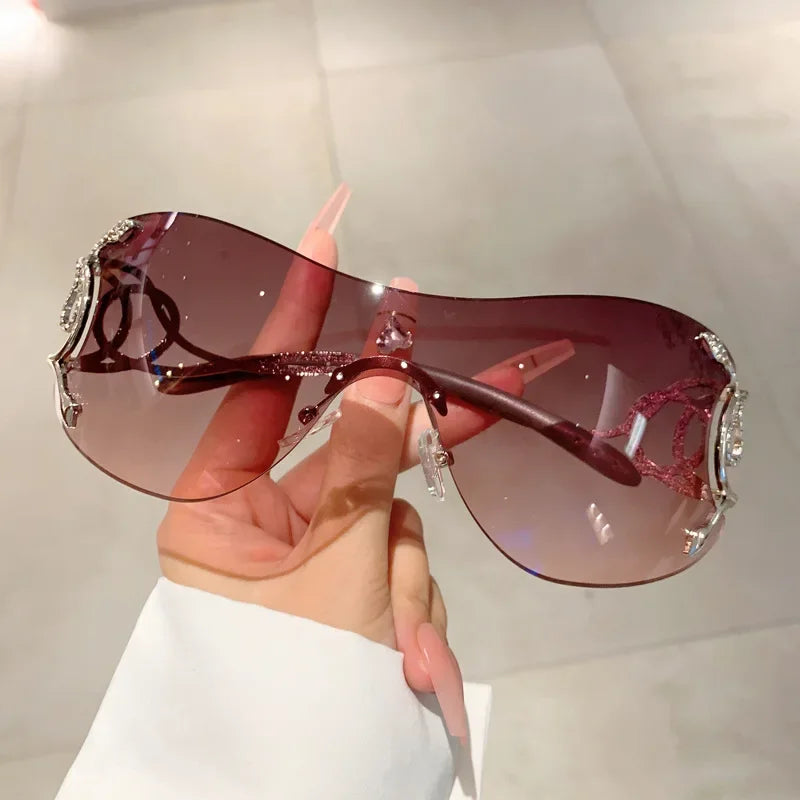 Rimless Gradient Snake Shaped Mirror Leg Sunglasses Oversized Y2k Trendy Wrap Around Punk
