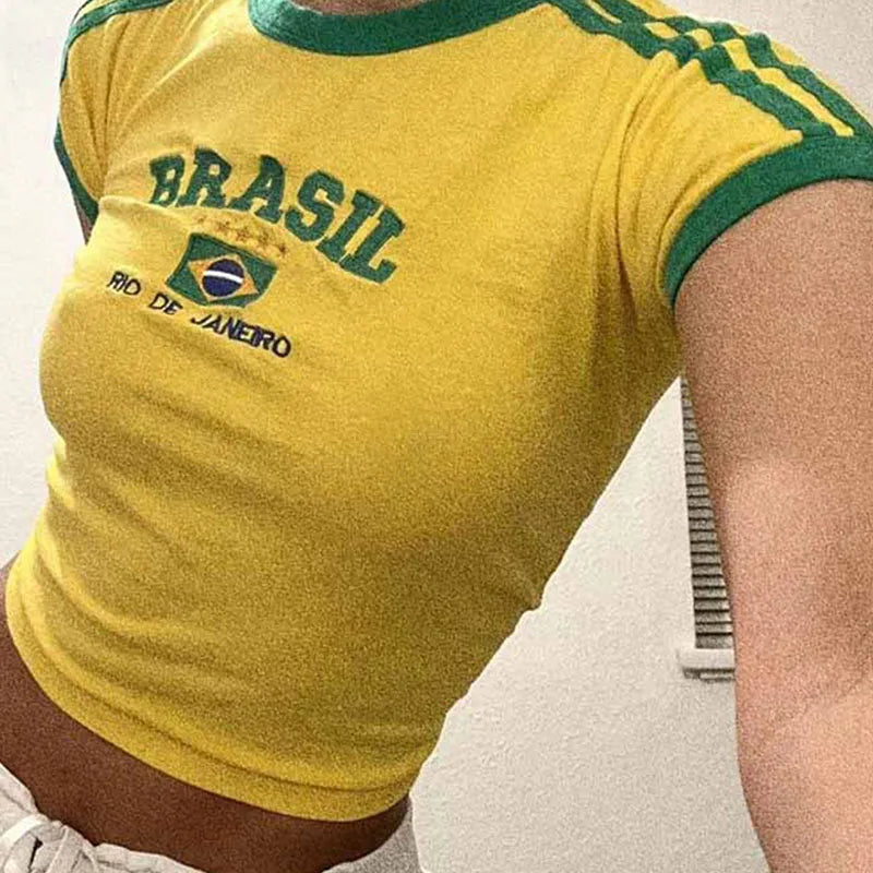 BRASIL Letter Print T-Shirt and Shorts Suit, Vintage Grunge  Short Sleeve Baby Tees,