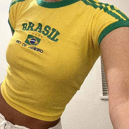 BRASIL Letter Print T-Shirt and Shorts Suit, Vintage Grunge  Short Sleeve Baby Tees,