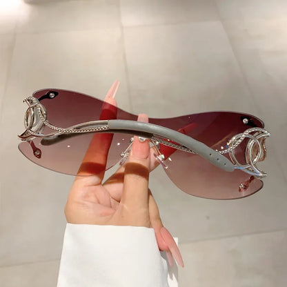 Rimless Gradient Snake Shaped Mirror Leg Sunglasses Oversized Y2k Trendy Wrap Around Punk