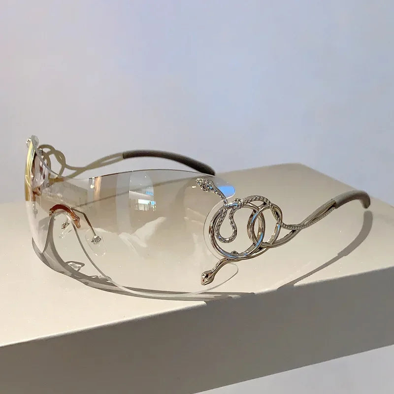 Rimless Gradient Snake Shaped Mirror Leg Sunglasses Oversized Y2k Trendy Wrap Around Punk