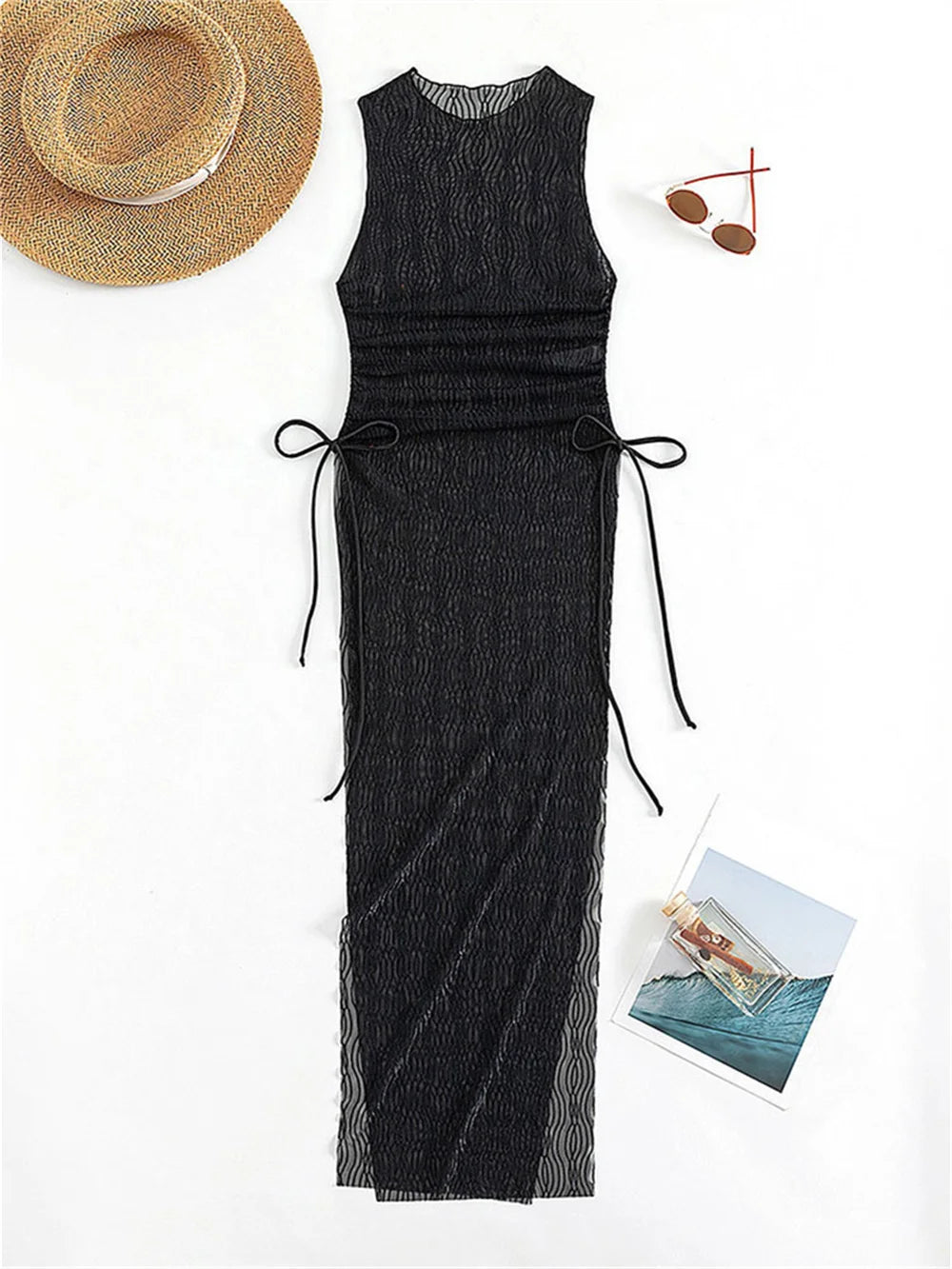 Sexy Mesh High Slit Dress Cover-Ups Transparent Jacquard Drawstrinig Beach Bikini Cover Up Women Swimwears Vacation Outfit Mujer