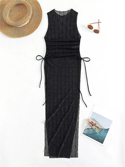 Sexy Mesh High Slit Dress Cover-Ups Transparent Jacquard Drawstrinig Beach Bikini Cover Up Women Swimwears Vacation Outfit Mujer