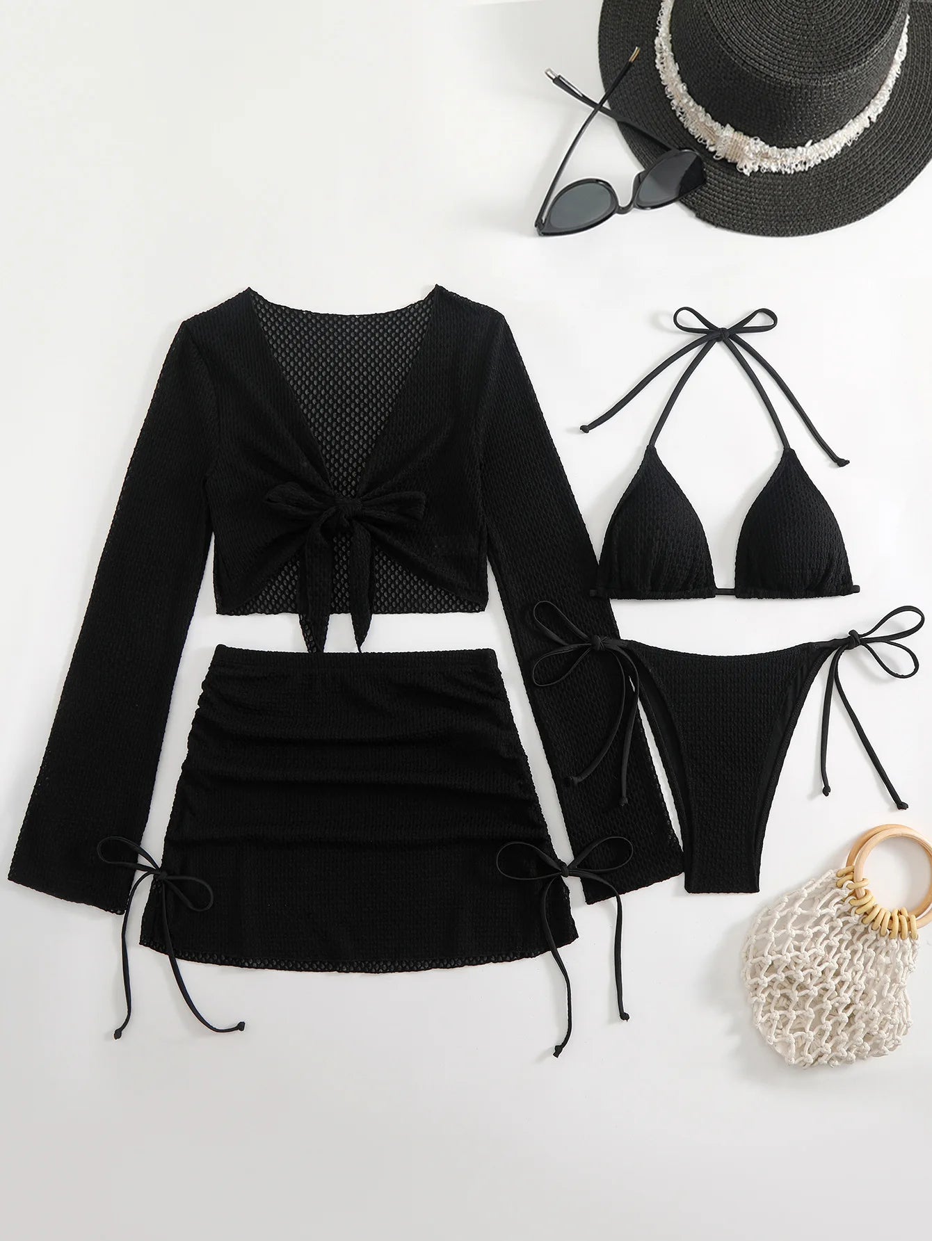 Sexy Solid Color Bikini Set Strap Crossbody Swimwear Polyester Fabric Backless Design for Swimming And Water Sports