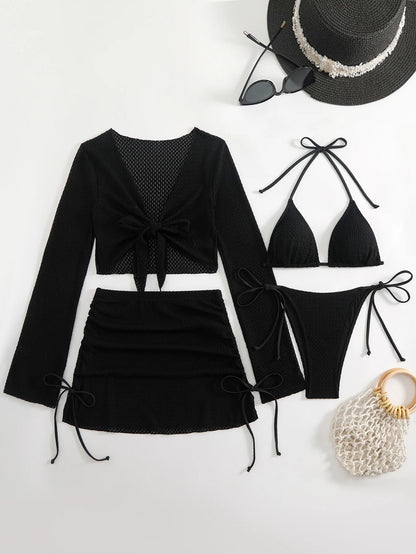 Sexy Solid Color Bikini Set Strap Crossbody Swimwear Polyester Fabric Backless Design for Swimming And Water Sports