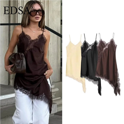 EDSA Women Asymmetric Lace Satin Mini Dress with with Straps V-neck Sexy Short Dresses for Prty