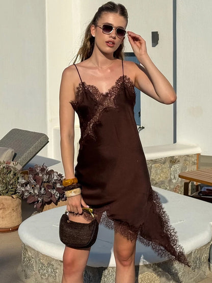 HH Elegant Sexy Women Lace Slip Mini Dress 2025 Sleeveless Asymmetry Dress Backless Slim Female Party Beach Sling Splicing Dress