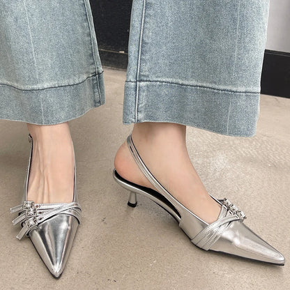2024 Pointed Toe Shallow Ladies Heels Shoes Female Fashion Slingbacks New in Medium Heels Shoes for Women Footwear Mules