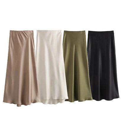 HH 2024 Y2K Casual Women Long Skirt Spring Elastic High Waisted A-Line Casual Female Satin Skirts High Street Lady Skirts
