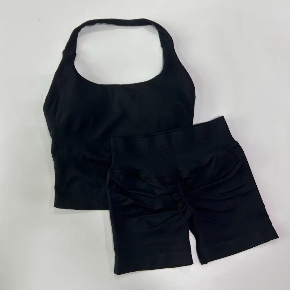 2pcs Women's Gym Set Backless Tank Top High Waist Scrunch Shorts Seamless Fitness Activewear Workout Suit