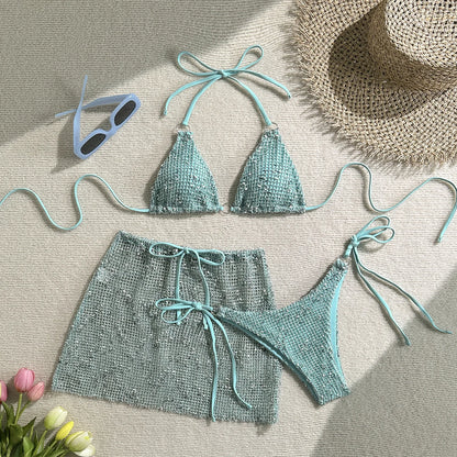 2025 New Summer Halter Bikini 3 Pieces Women Special Material Sexy Thong Swimwear with Sarong Skirt Solid Pink Beachwear