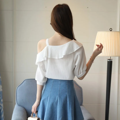 One-Shoulder Ruffles Short-sleeved Chiffon Blouse