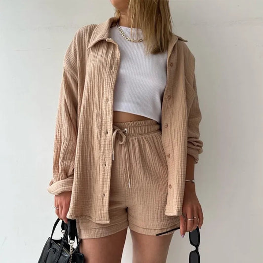 Women's Summer Shorts Set White Long Shirt High Waisted Pants Sets Casual Outfit Streetwear Suits For Women Female Clothing 2025