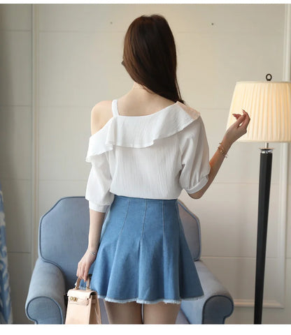 One-Shoulder Ruffles Short-sleeved Chiffon Blouse
