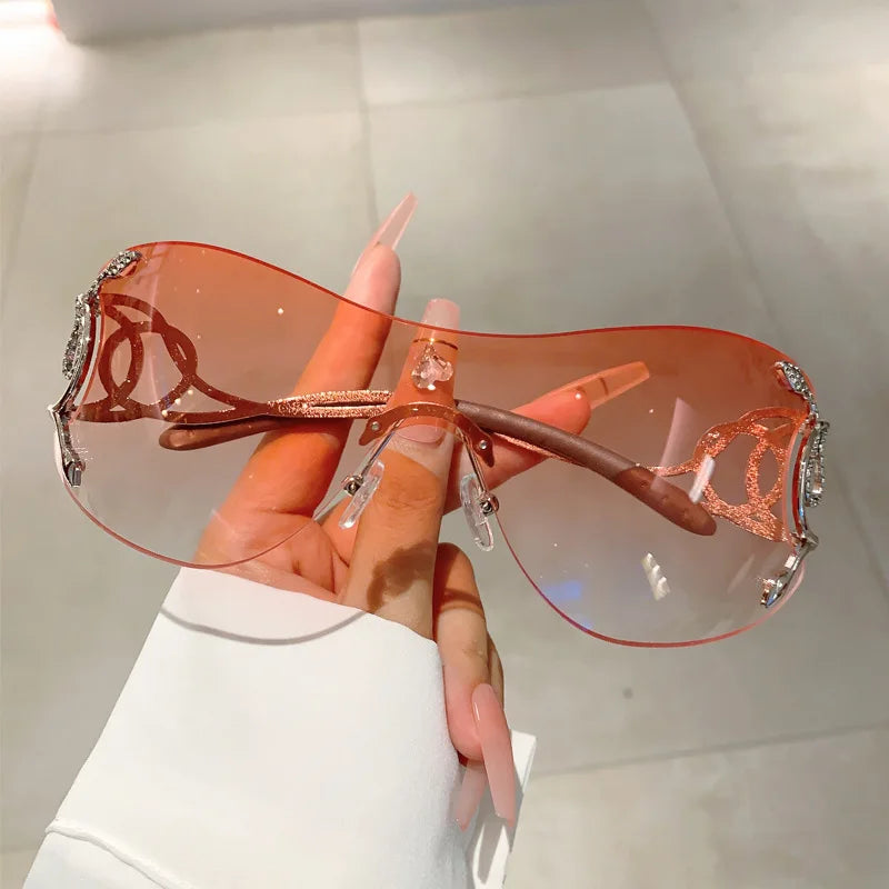 Rimless Gradient Snake Shaped Mirror Leg Sunglasses Oversized Y2k Trendy Wrap Around Punk