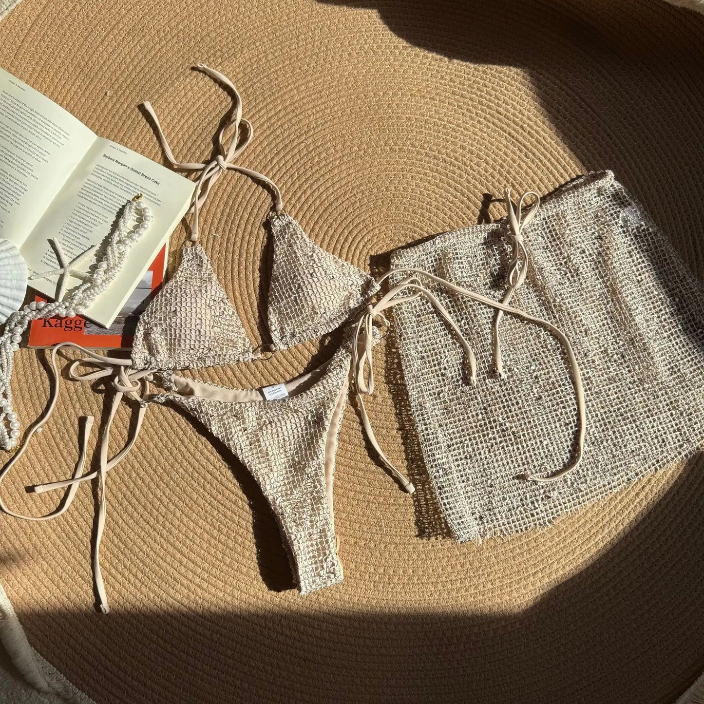 2025 New Summer Halter Bikini 3 Pieces Women Special Material Sexy Thong Swimwear with Sarong Skirt Solid Pink Beachwear