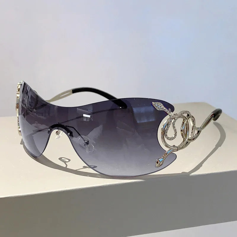 Rimless Gradient Snake Shaped Mirror Leg Sunglasses Oversized Y2k Trendy Wrap Around Punk