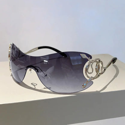Rimless Gradient Snake Shaped Mirror Leg Sunglasses Oversized Y2k Trendy Wrap Around Punk