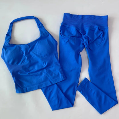 2pcs Women's Gym Set Backless Tank Top High Waist Scrunch Shorts Seamless Fitness Activewear Workout Suit