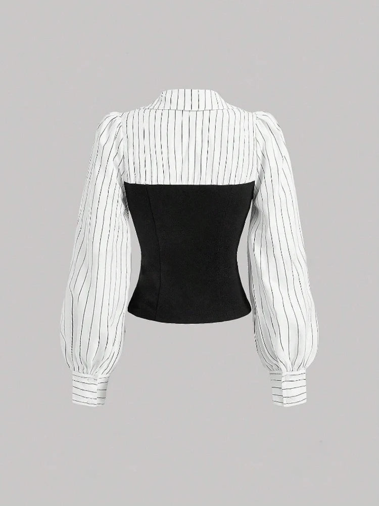 Women Elegant Striped Shirt  with Lapel Spliced