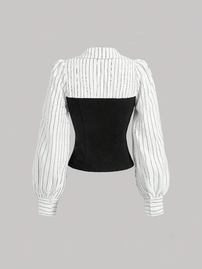 Women Elegant Striped Shirt  with Lapel Spliced