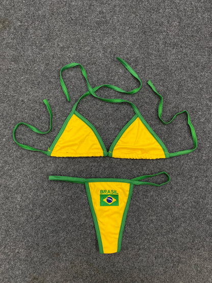 Women Clothing Summer Sexy Fashion Neck Lace Up Letter Embroidery Bikini Tops Sports Seaside Low Waist Thong Underwear Bra Set