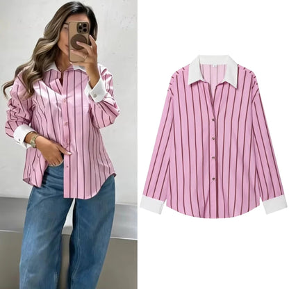 Women Blouses Tops Spring New Fashion Color Blocking Elegant Women's Shirts Tops Chic Street Single-breasted Tops