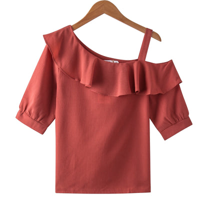 One-Shoulder Ruffles Short-sleeved Chiffon Blouse