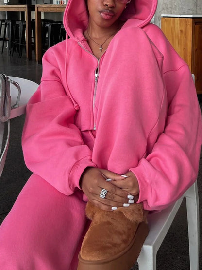 Hooded Zip-up Cropped Sweatshirt and Long Pants