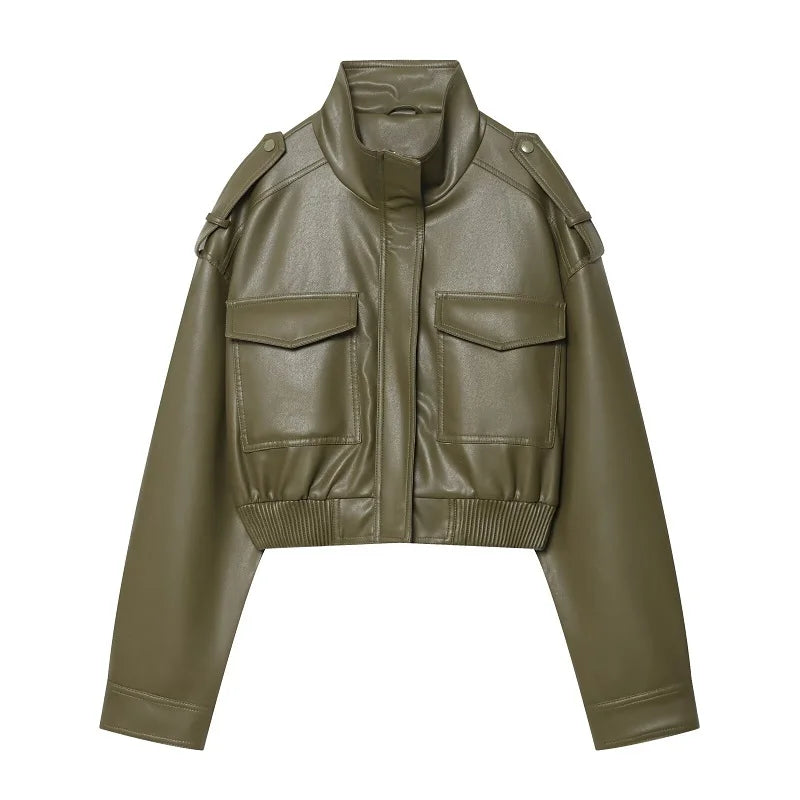 Faux Leather Cropped Jacket Women Bomber