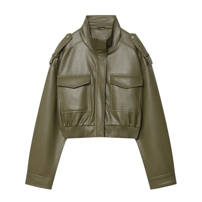 Faux Leather Cropped Jacket Women Bomber