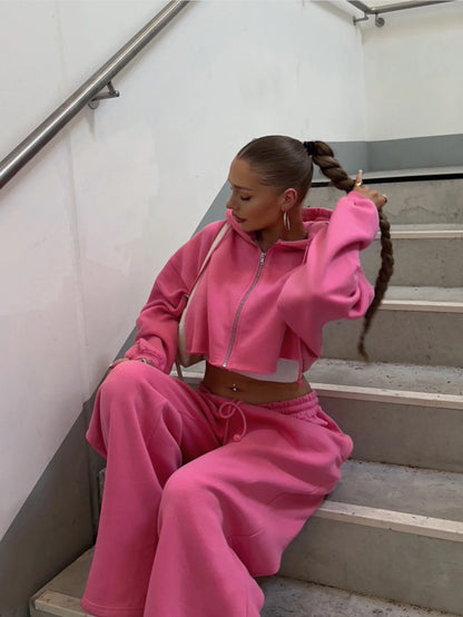 Hooded Zip-up Cropped Sweatshirt and Long Pants