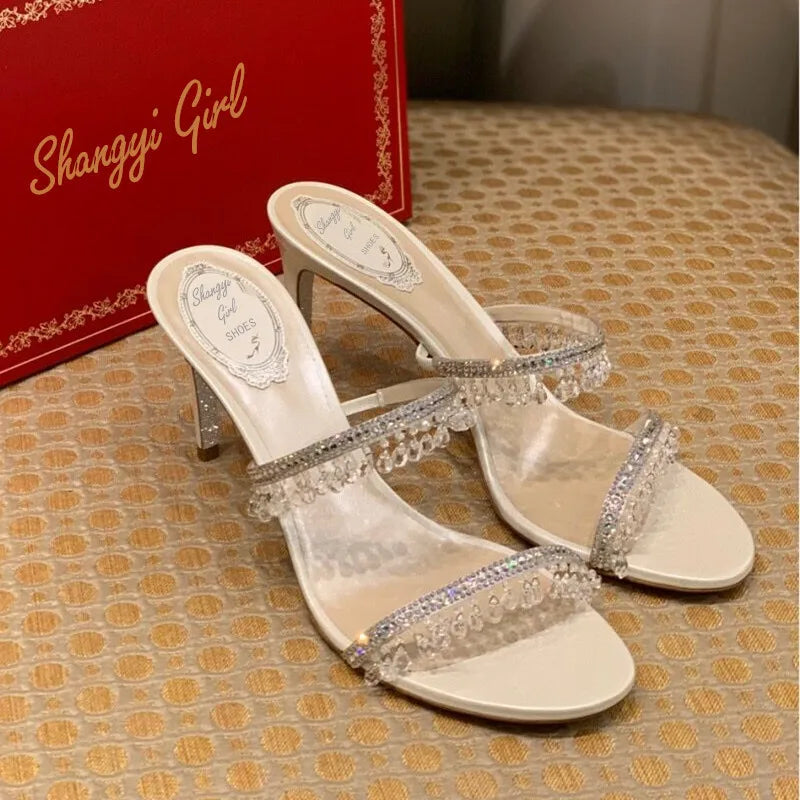 2025 Summer New Sexy Women Sandals Thin Heel Rhinestone High Heels Open Toe Backless Slippers Fairy Style