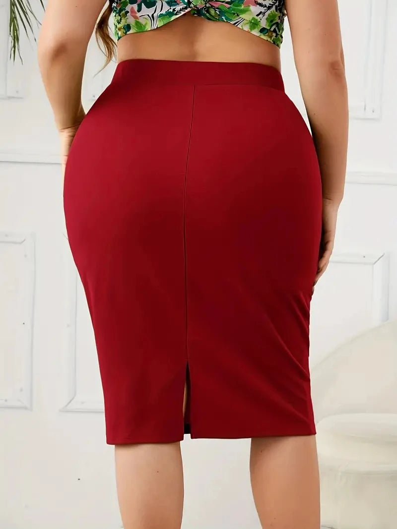 2026 Summer Plus Size Solid Slim Skirt, Casual High Waist Slit Skirt, Women's Plus SizeClothing