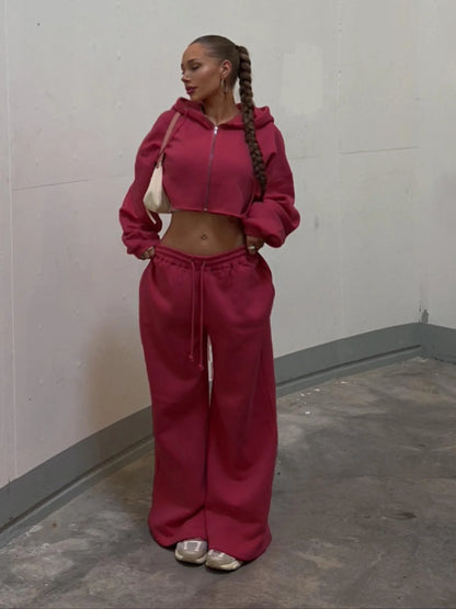 Hooded Zip-up Cropped Sweatshirt and Long Pants