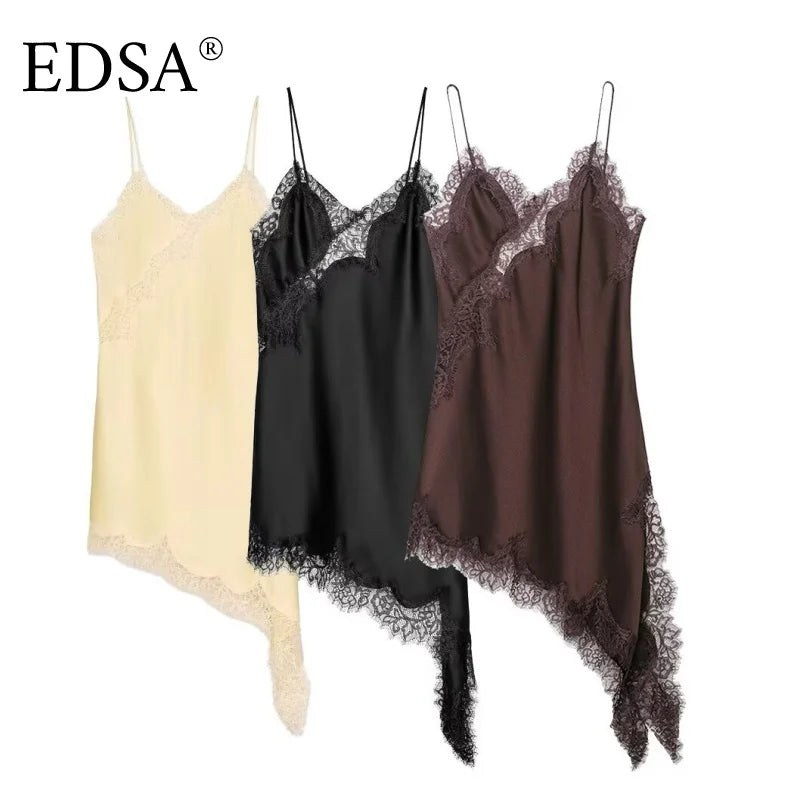 EDSA Women Asymmetric Lace Satin Mini Dress with with Straps V-neck Sexy Short Dresses for Prty
