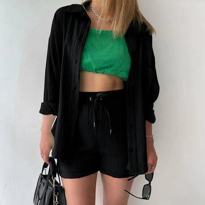 Women's Summer Shorts Set White Long Shirt High Waisted Pants Sets Casual Outfit Streetwear Suits For Women Female Clothing 2025